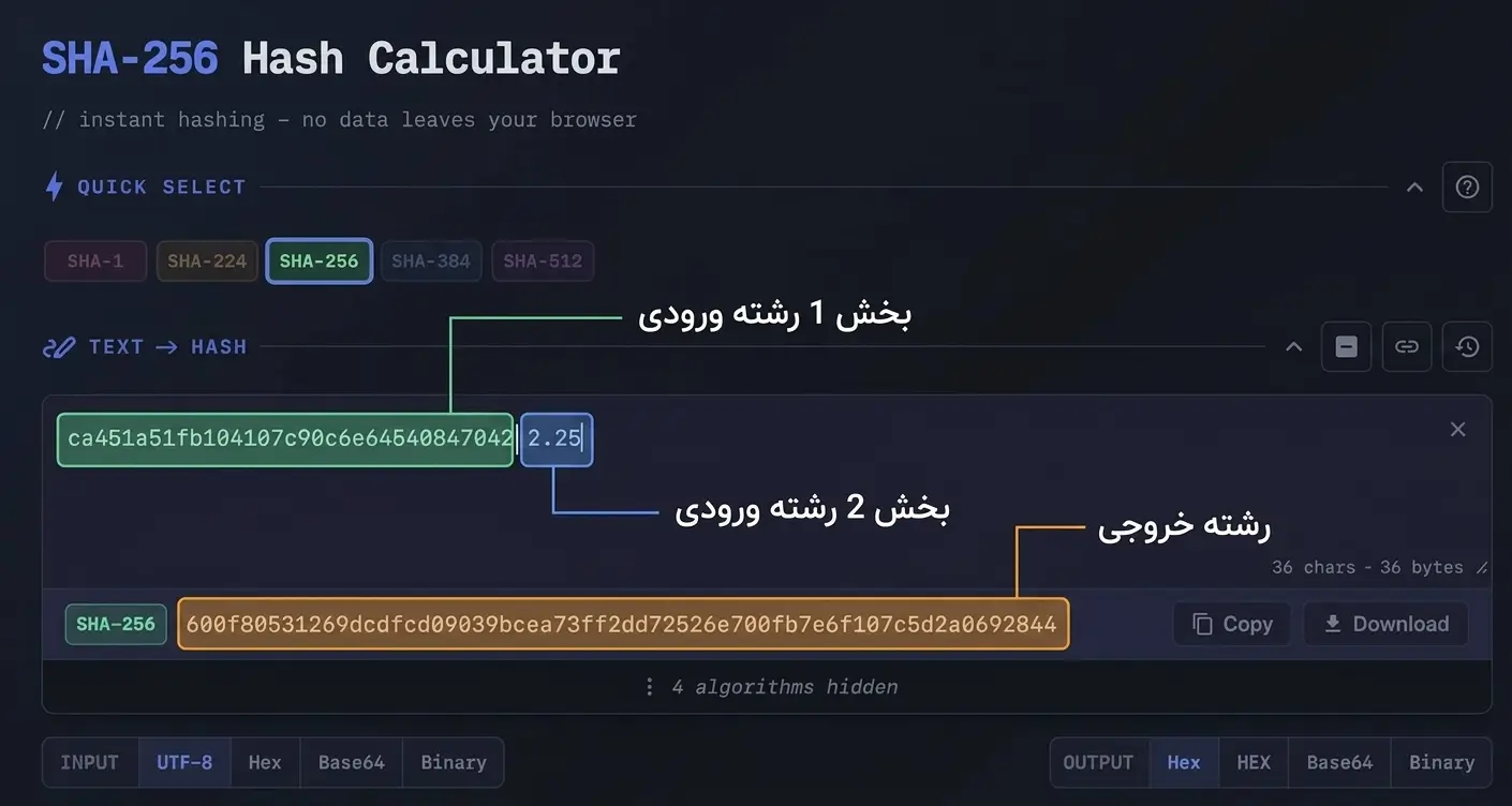 اسکرین شات تست الگوریتم و ضرایب در سایت رسمی sha256.app
